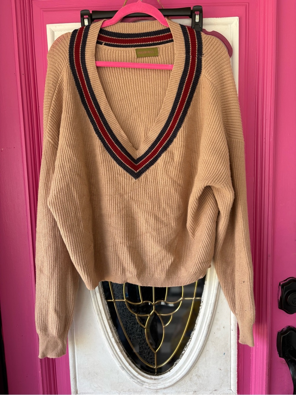 Beige V-Neck Sweater with Navy & Burgundy Trim